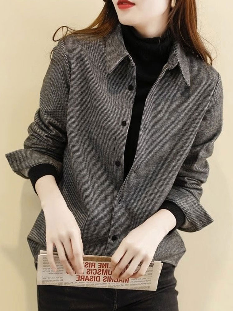 女性のためのグレーの起毛チェック柄シャツ 2023 秋と冬の新しい韓国スタイルの長袖ポロカラーシャツジャケット