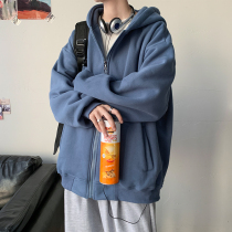 Hooded sweater men Spring and Autumn Tide brand ins solid color cardigan zipper jacket Hong Kong style loose size student hoodie