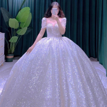 Wedding dress 2021 new temperament bride princess style big tail simple atmosphere one-shoulder high-end main yarn summer