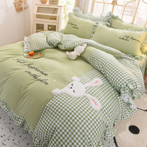 Little Red book recommended rabbit baby embroidery cotton bed four-piece set washed cotton sheets quilt cover quilt cover lace bed skirt