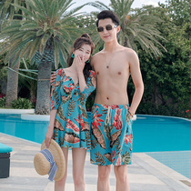 New couple swimsuit womens one-piece skirt plus size seaside vacation swimsuit small chest gathered color mens beach pants