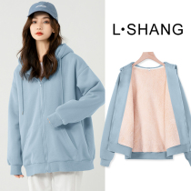 Lamb velvet coat women plus velvet thickened 2021 New loose blue hooded zipper cardigan autumn and winter tide