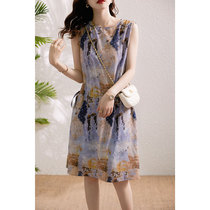 French high-end vintage printed silk mulberry silk dress Womens summer round neck small waist lace-up A-line skirt