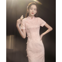 Bone-etched cheongsam improved version of French pink young girl mid-length dress waist retro Chinese style summer