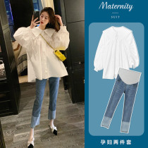 Pregnant women autumn suit jacket long sleeve spring and autumn Korean navy collar solid color simple loose shirt jeans tide
