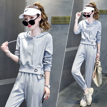 Leisure sports suit womens spring and autumn 2021 New loose fashion slim hooded sweater pants two-piece set