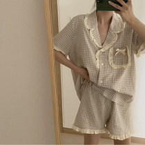 Pajama ladies summer 2021 new large size short sleeve shorts cotton thin plaid home suit summer