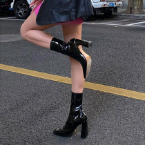 Guan Xiaotong Tang Yin Tang Identical Lacquer Leather Square Head Short Boots Woman High Heel Shoes Elastic Slim Skinny Boots Coarse Heels to Europe and America Drum Boots