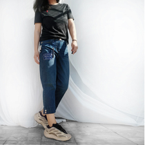 Clearance does not return summer outside single high waist size wide loose paragraph buckle blue meat stretch seven jeans