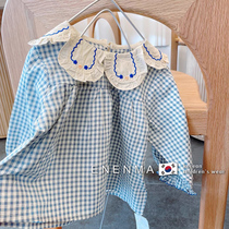 South Korea Gate Children Dress 2022 Spring Children Ocean Gas Doll Collar Lining Casual Horn Sleeve Girl Plaid Shirt