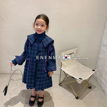 South Korean childrens clothing 2021 autumn and winter new girl plaid woolen coat retro big capsized capsized plus-size long section