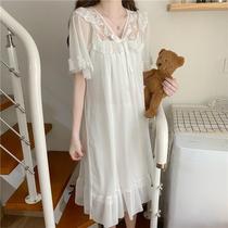  Princess style lace over-the-knee fairy night dress worn outside womens summer pajamas white summer student sweet home clothes