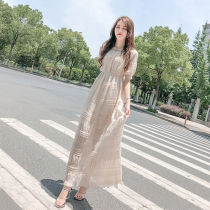 Lace dress 2021 new spring summer womens temperament long shoulder thin pleated cream skirt tide
