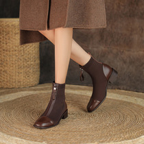 Nicole VE wear out big long legs ~ splicing knitted round head front zipper low heel retro short boots women