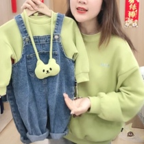Girl Suit Spring Autumn 2022 New Ocean Gas Childrens Net Red Denim Harness Pants Two Sets Female Baby Spring Clothing