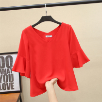 Tide brand solid color large size loose ruffle V-neck top womens 2021 new summer fat sister short-sleeved T-shirt