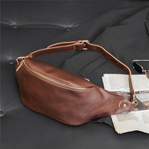 Mens chest bag casual simple chest shoulder shoulder bag outdoor small backpack Korean version of Crazy Horse leather mens bag running bag tide