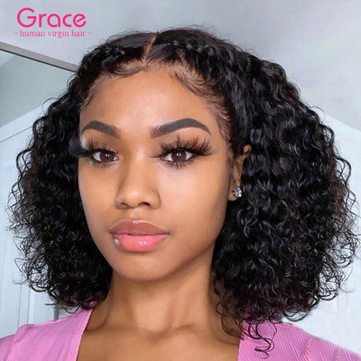 taobao agent 13x4 Curly Human Hair Bob Wigs Short Cut Wig Grace Hair 10A
