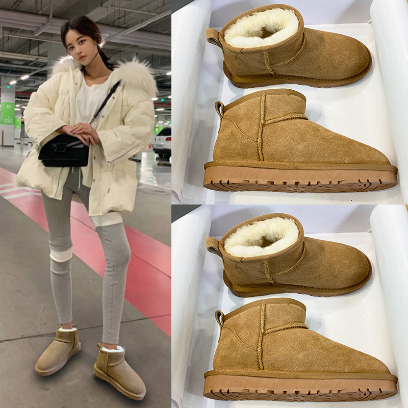2023 Zhou Dongyu と同じスタイルの女性用スノーブーツ、ショートファーオールインワンショートブーツ、冬の本革とベルベットの綿の靴、大きいサイズの男性