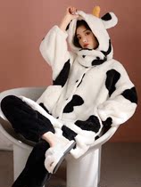 Knock cute cow ~~ hairy Na autumn and winter coral velvet pajamas female plus velvet hooded scarf warm suit