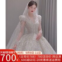 Long sleeve main wedding dress bride 2021 new big tailing vintage Starry Sky V collar French heavy industry Court Summer