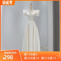 White satin light wedding V-neck high waist Belly Belly French simple Hepburn wind out yarn 2021 autumn and winter dress skirt