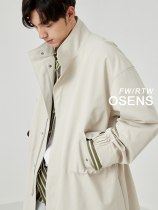 OSENS mens high density twill texture profile vertical collar waist long windbreaker coat