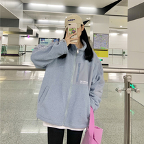 South Korea smog blue stand collar lamb hair coat women tide autumn and winter clothing joker loose thick lamb jacket top