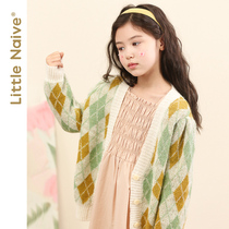 LittleNave Girl Cardiopus Sweater Spring New Signet Sweater Sweater V Collar Loose Childrens Knitwear