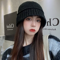 Knitted hat female ins black Joker face small fisherman hat suitable for big head circumference fisherman hat Simple male wool hat