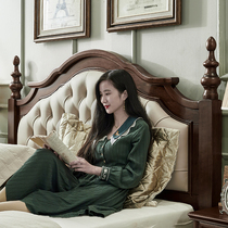 American country solid wood bed Leather first layer cowhide soft bag double bed Walnut wood wedding bed Master bedroom furniture retro bed