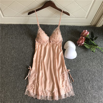 Japanese Pyjamas Womens Summer New Ice Silk Lace Sexy Harnesses Sleeping Skirts Loose big codes with chest cushions Home Home Clothing