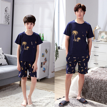 Summer mens pajamas thin cotton father-son childrens boys middle and large childrens parent-child home clothes shorts set summer