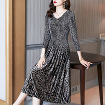 Golden velvet pleated dress Noble foreign autumn winter waist slim long size high end long sleeve base skirt