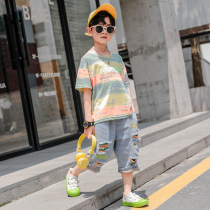 Boys summer clothing suit 2022 new handsome mens baby short sleeves Broken Cave Jeans Summer and CUHK Scout Thin Wave