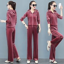 Hooded gold velvet sports suit female spring and autumn 2021 New Korean fashion foreign style thin two-piece set