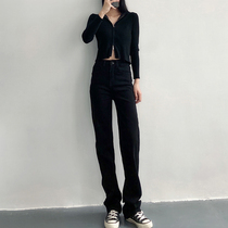 Black straight jeans womens spring and autumn 2021 New High waist slim slim stretch stretch trousers