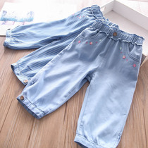 Child Girl Jeans Mid Pants Summer Thin outside wearing 7-7 Pants Summer Pants Summer Women Bao Children Shorts Pure Cotton