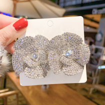 925 silver needle European and American fashion exaggerated full diamond rose petal earrings temperament net red luxury diamond earrings earrings