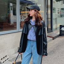 Small motorcycle leather jacket womens 2021 autumn new casual loose salt fried street pu leather jacket top