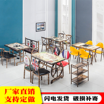 Grade bar retro milk tea shop table and chair combination home wheel foot iron wheel table c chair set restaurant meal