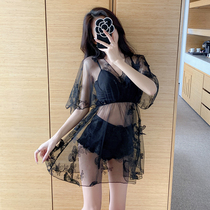 2021 new belly cover thin and sexy ins bikini three-piece blouse fairy butterfly yarn swimsuit female summer