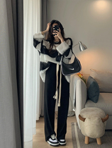Black and white sweater wide leg pants two-piece set small fragrant wind temperament Net red loose foreign sports casual fashion set women