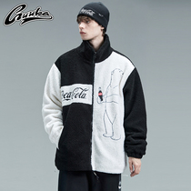 GUUKA Coca-Cola co-name black and white cotton clothes mens Tide brand hip-hop embroidery lamb cotton coat loose