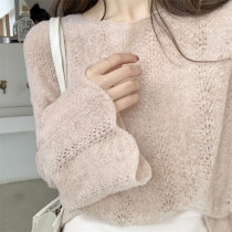  European station early autumn new womens clothing 2021 horn sleeve hollow clavicle round neck lazy sweater sweater summer thin section