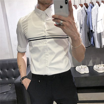 Summer mens shirt Slim-fit striped mens short-sleeved inch clothes Casual and versatile youth seven-point sleeve pointed collar shirt thin section