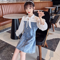Girl Denim Dress Girl Dress Spring Autumn Season Long Sleeves Girl Mid-Length trendy CUHK Scout Casual Skirt