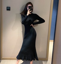 Slim Lady long-sleeved sweater skirt winter dress with thick long slim undercover dress with Overcoat