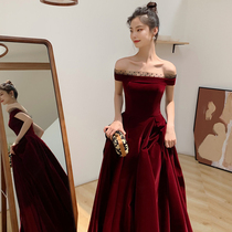 Toast to the bridal Wine Red Color Little Guy Wedding Dress with Shoulder Temperament Slim Engagement Evening Gown Lady Banquets