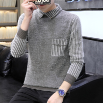 Autumn and winter fake two shirt collar sweater men plus velvet padded knitted base shirt lead autumn warm top